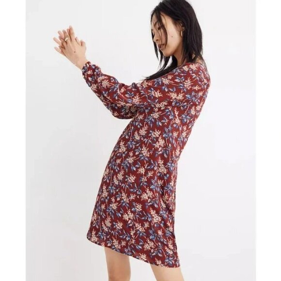 Madewell Burgundy Red Antique Floral Long Sleeve V-Neck Button-Back Shift Dress - Picture 3 of 16
